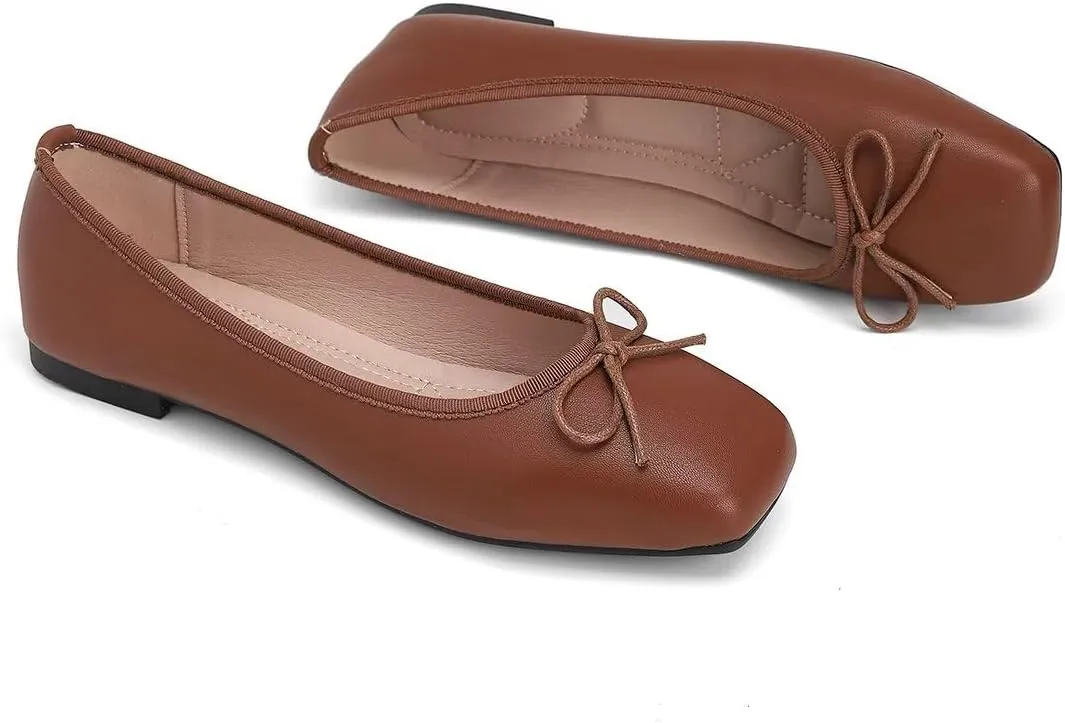 ChaiRong Zhou Women Square Toe Pu Leather Ballet Flats with Cute Bowknot Elegant Slip on Soft Support Daily Dress Office Driving Shoes