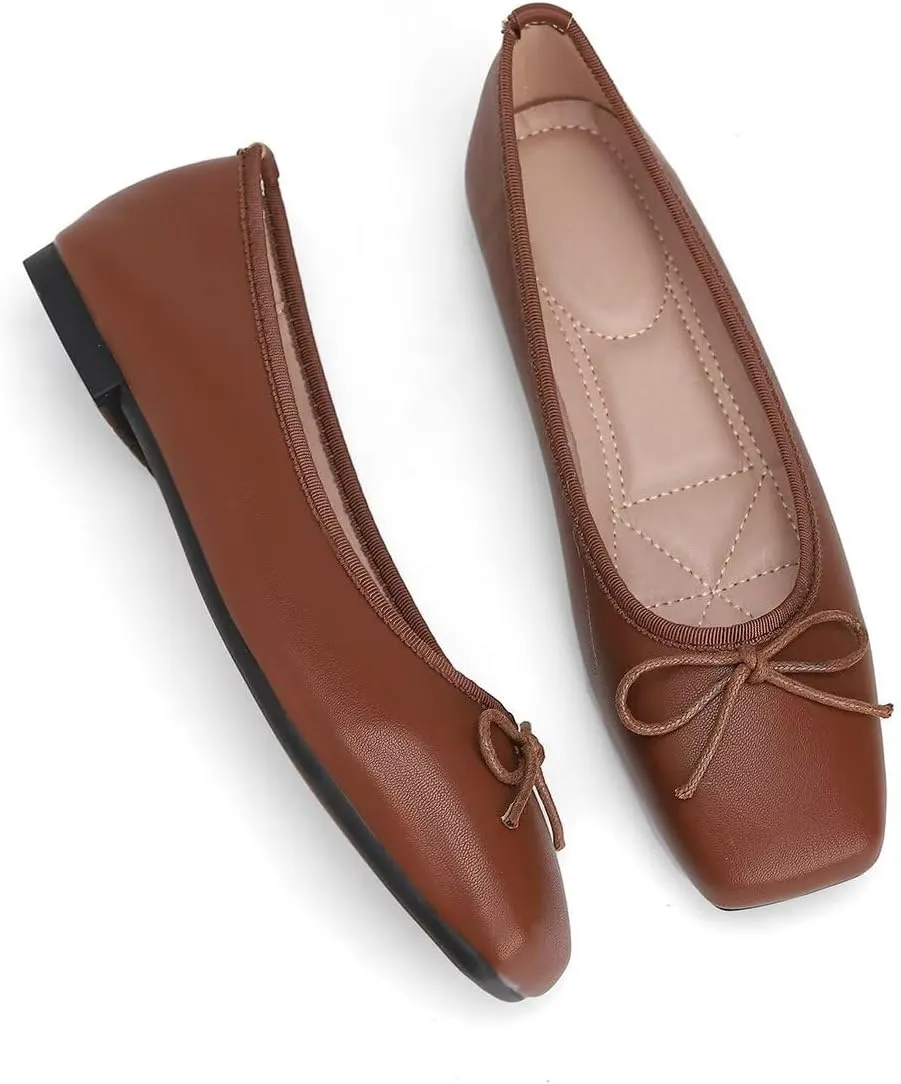 ChaiRong Zhou Women Square Toe Pu Leather Ballet Flats with Cute Bowknot Elegant Slip on Soft Support Daily Dress Office Driving Shoes
