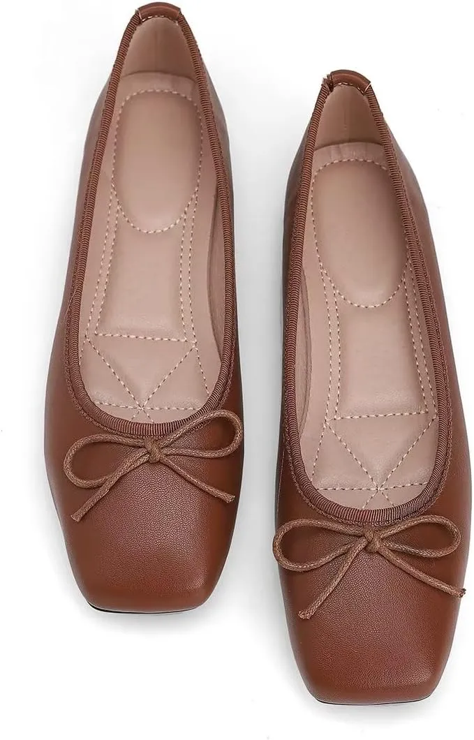 ChaiRong Zhou Women Square Toe Pu Leather Ballet Flats with Cute Bowknot Elegant Slip on Soft Support Daily Dress Office Driving Shoes