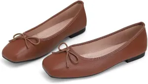 ChaiRong Zhou Women Square Toe Pu Leather Ballet Flats with Cute Bowknot Elegant Slip on Soft Support Daily Dress Office Driving Shoes