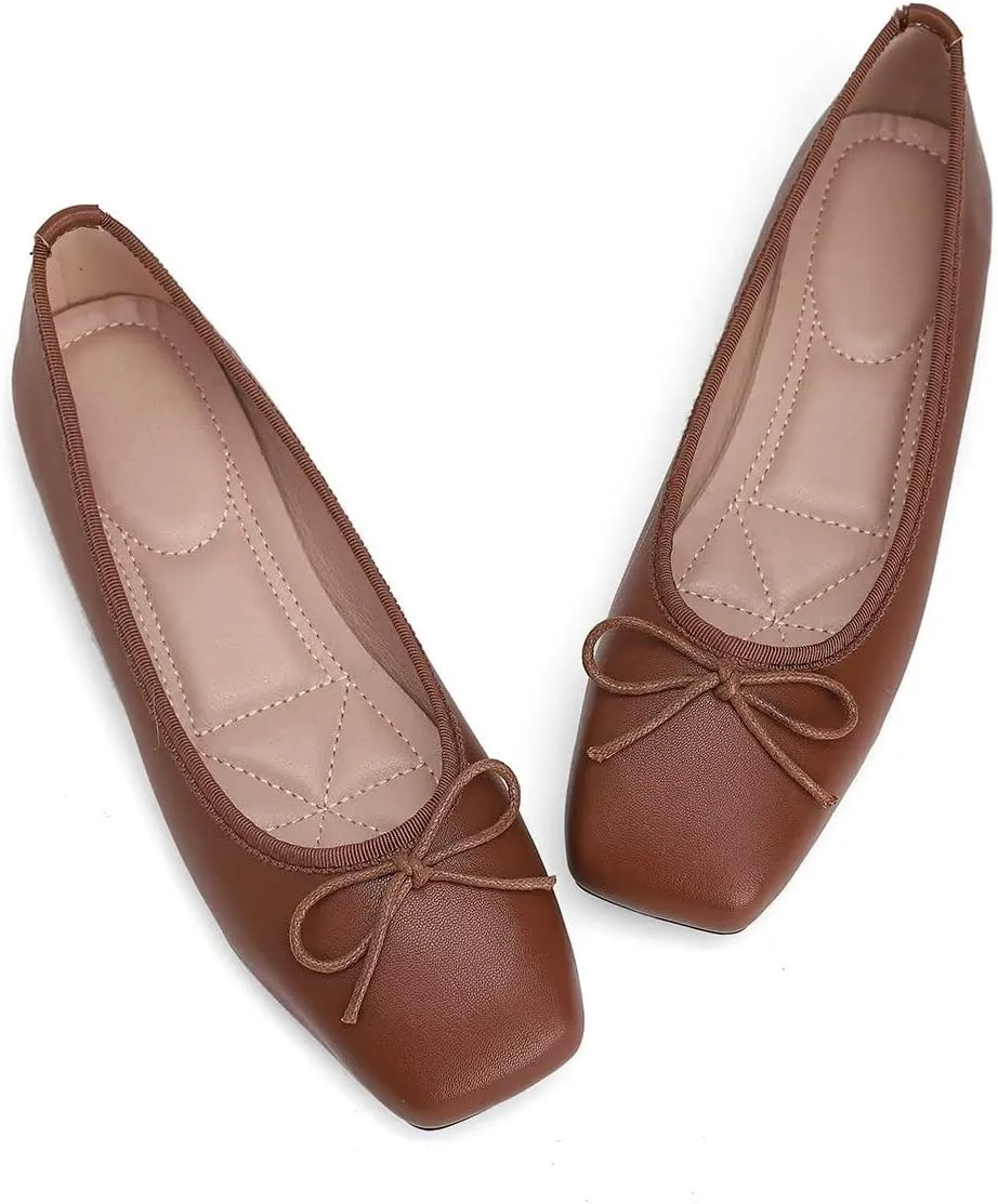 ChaiRong Zhou Women Square Toe Pu Leather Ballet Flats with Cute Bowknot Elegant Slip on Soft Support Daily Dress Office Driving Shoes