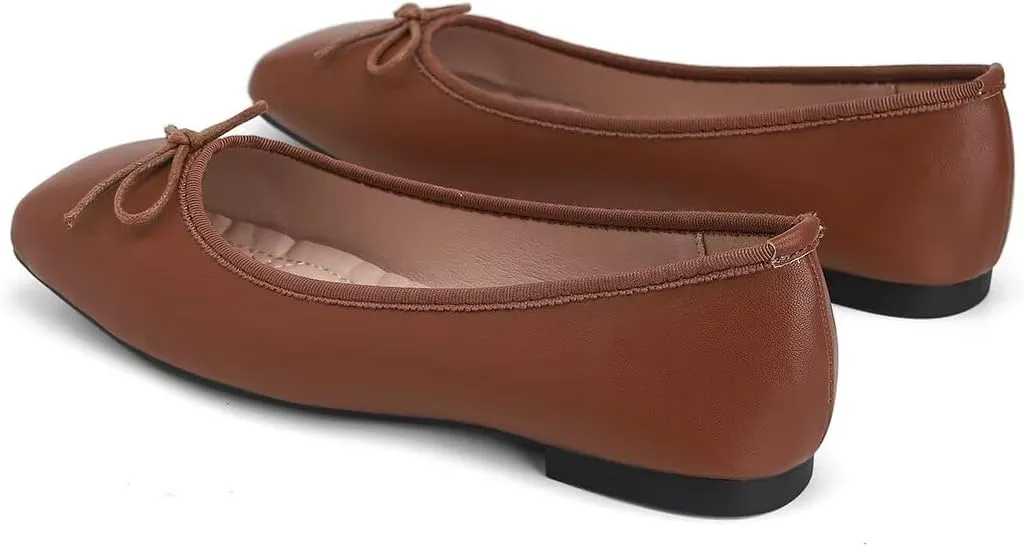 ChaiRong Zhou Women Square Toe Pu Leather Ballet Flats with Cute Bowknot Elegant Slip on Soft Support Daily Dress Office Driving Shoes