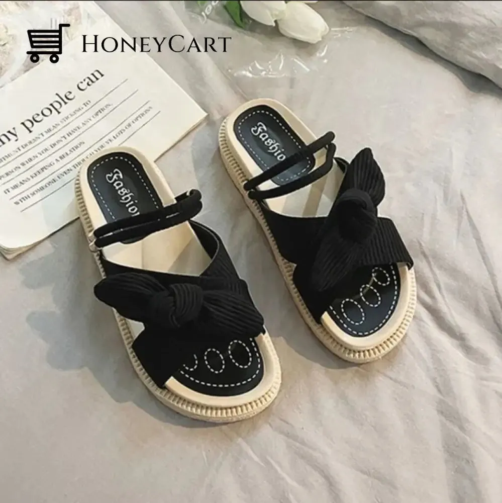 Comfortable Ribbed Corduroy Bow Slip On Sling Back Platform sandals