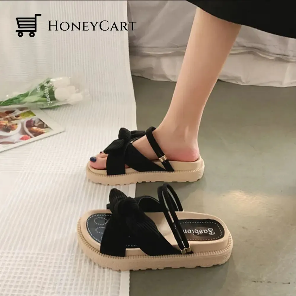 Comfortable Ribbed Corduroy Bow Slip On Sling Back Platform sandals