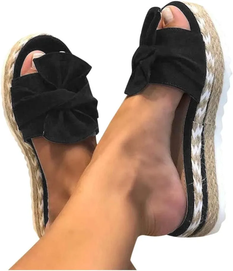 Eduavar Womens Wedge Sandals, Orthopedic Sandals for Women Bow Tie Sandals Slip On Espadrille Platform Sandals