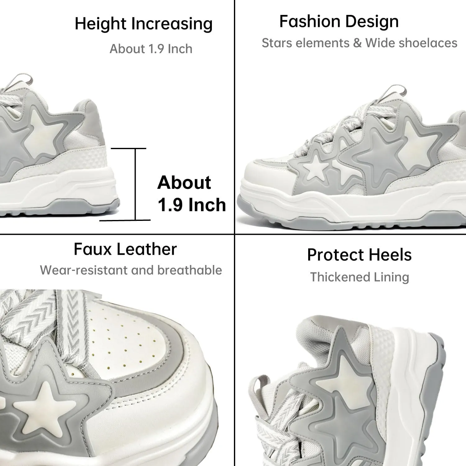 Fashion Womens Faux Leather Chunky Platform Sneakers Lightweight Breathable Height Increasing Unisex Casual Walking Tennis Running Shoes