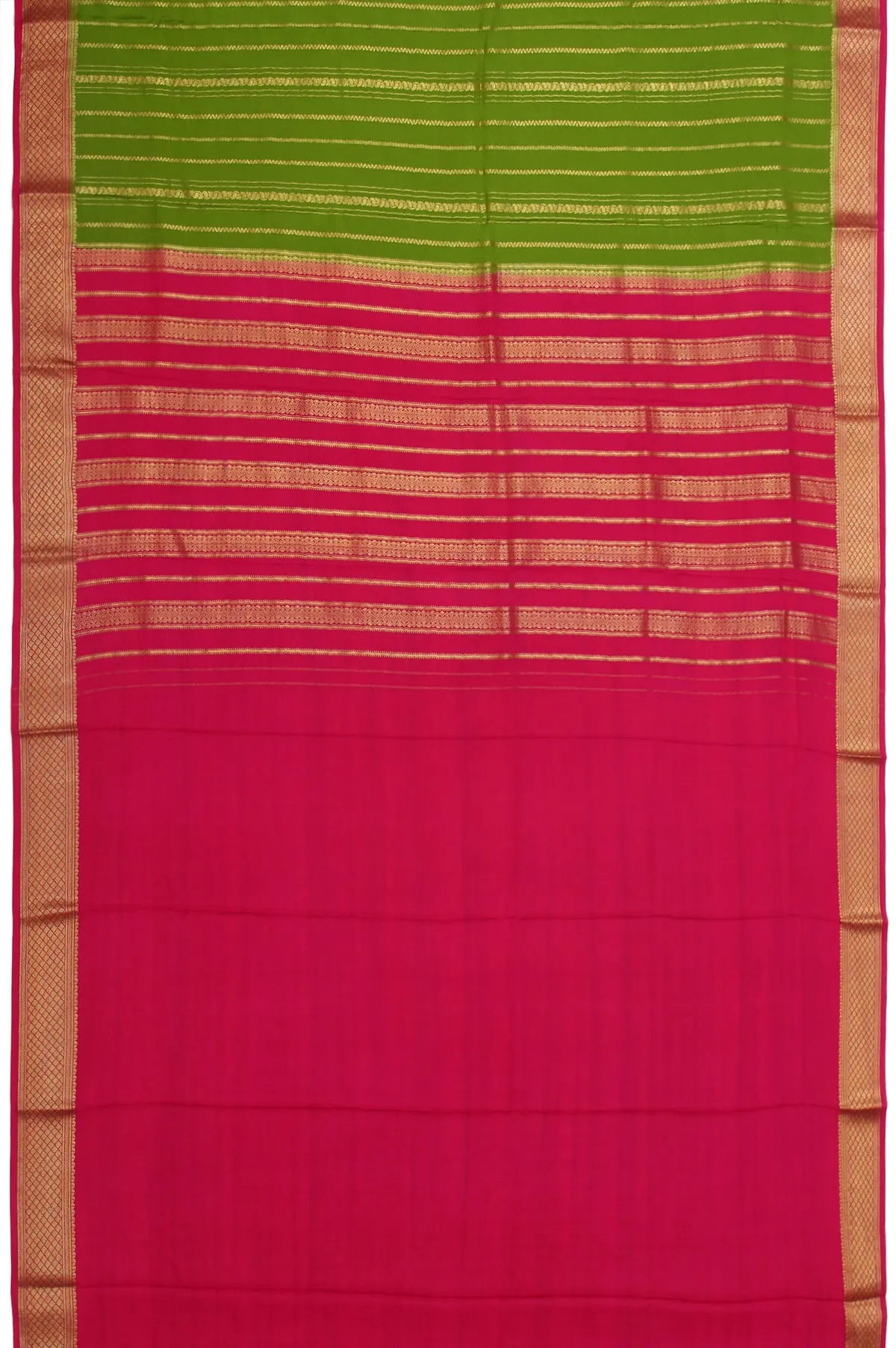 Green Mysore Silk Saree with Pink Gold Zari Stripes and Mango Buttas