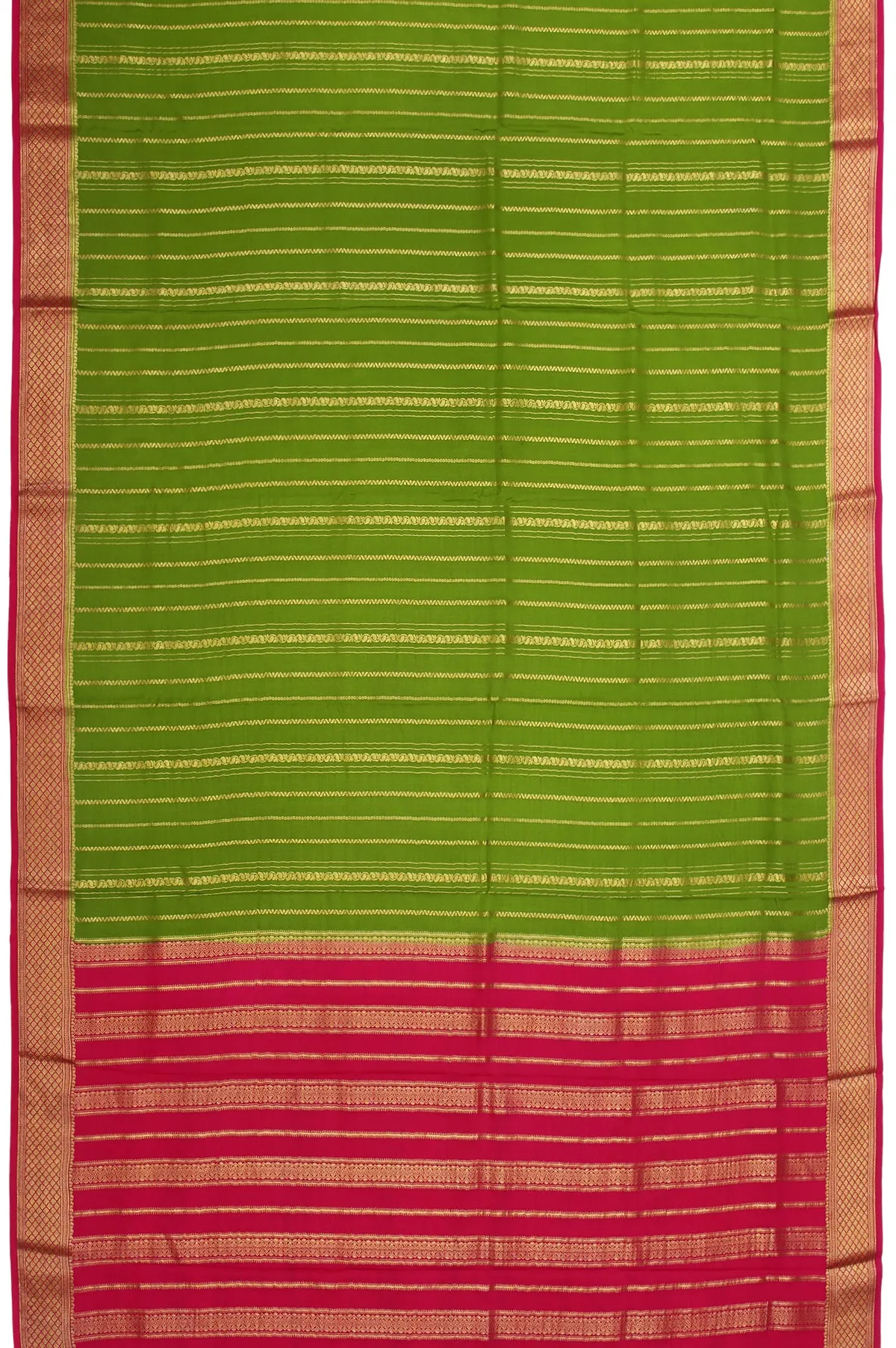 Green Mysore Silk Saree with Pink Gold Zari Stripes and Mango Buttas