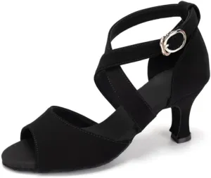 JUODVMP Women's Black Ballroom Shoes Latin Salsa Tango Dance Shoes Peeptoe Dance Shoes Model FT095