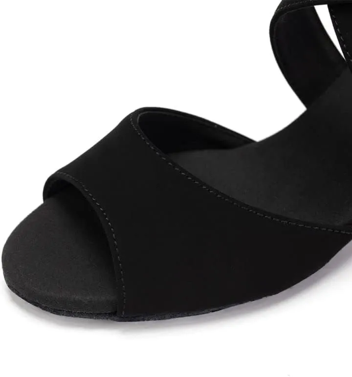 JUODVMP Women's Black Ballroom Shoes Latin Salsa Tango Dance Shoes Peeptoe Dance Shoes Model FT095