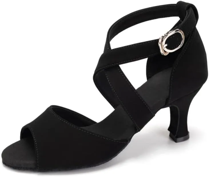 JUODVMP Women's Black Ballroom Shoes Latin Salsa Tango Dance Shoes Peeptoe Dance Shoes Model FT095