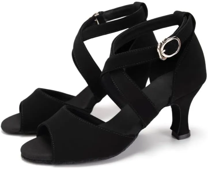 JUODVMP Women's Black Ballroom Shoes Latin Salsa Tango Dance Shoes Peeptoe Dance Shoes Model FT095