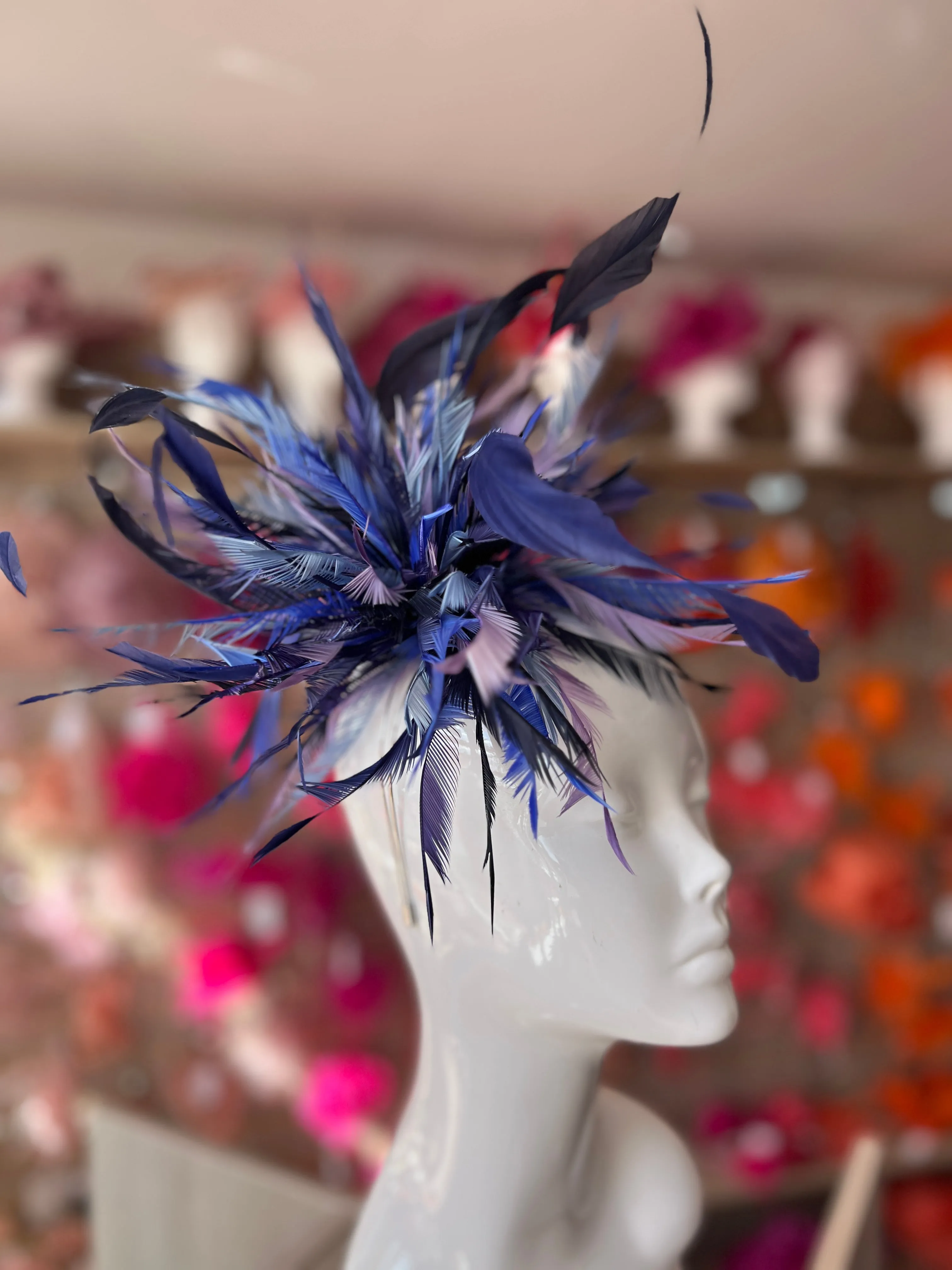 Large All Feather Fascinator - Navy/Indigo/Mix
