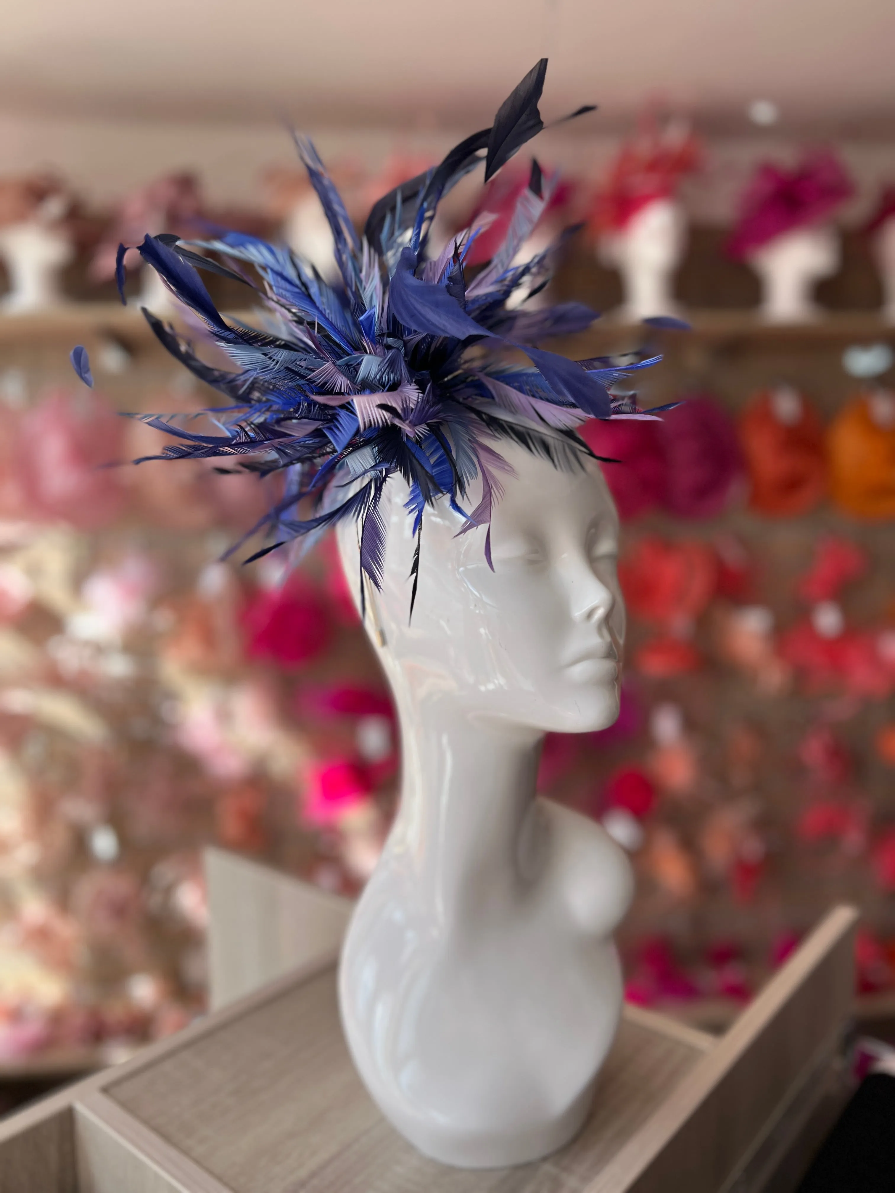 Large All Feather Fascinator - Navy/Indigo/Mix