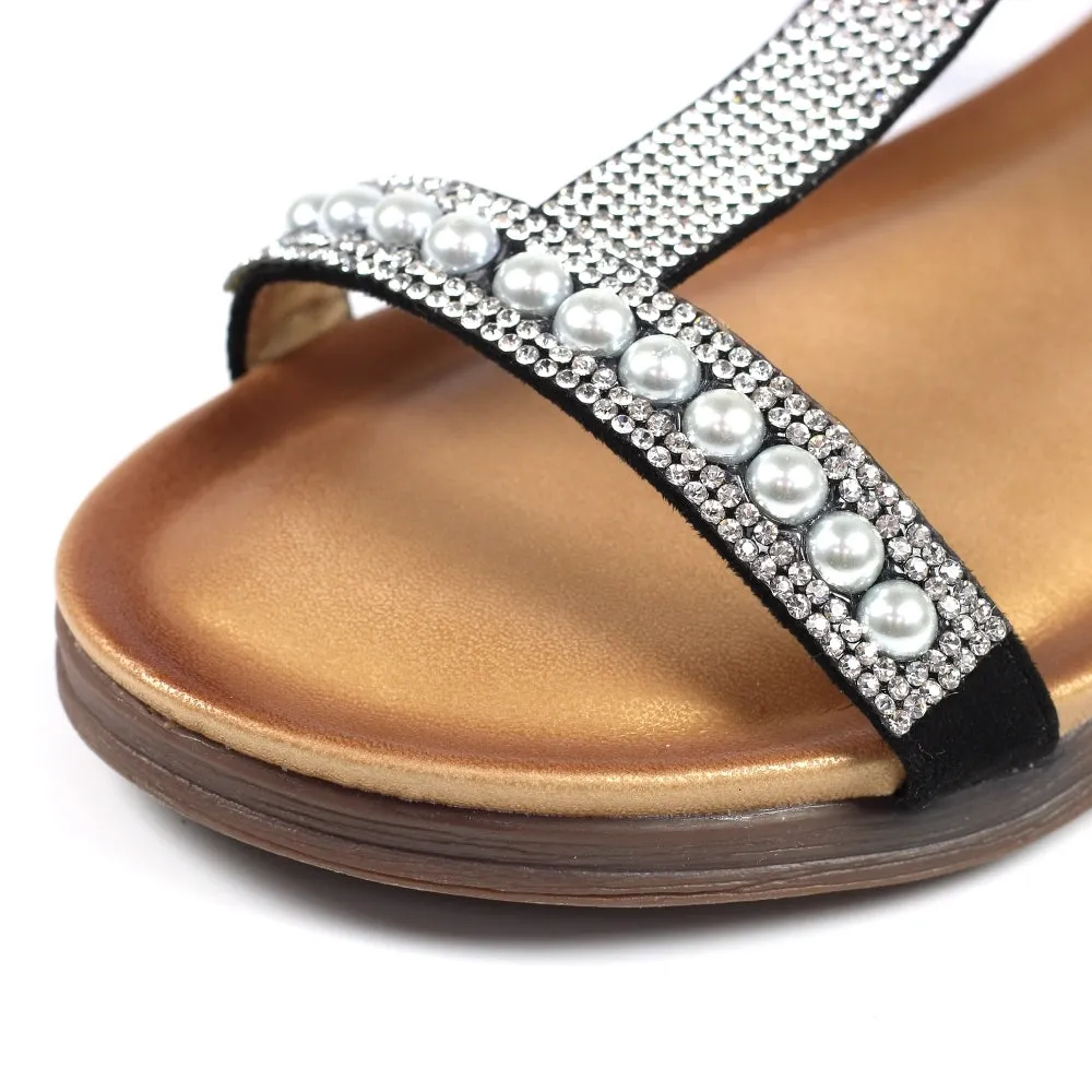Lunar Women's JLH078 Tancy Pearl Detail Sandals Black