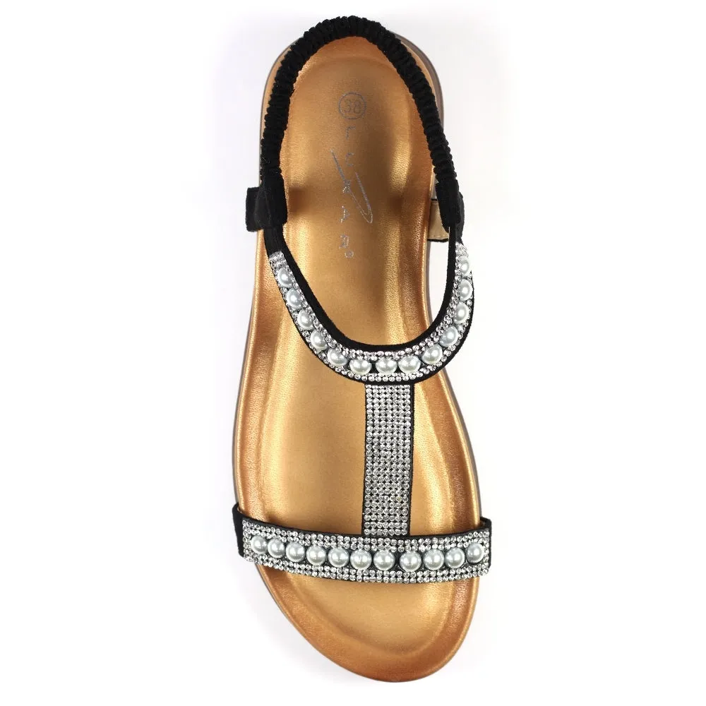 Lunar Women's JLH078 Tancy Pearl Detail Sandals Black
