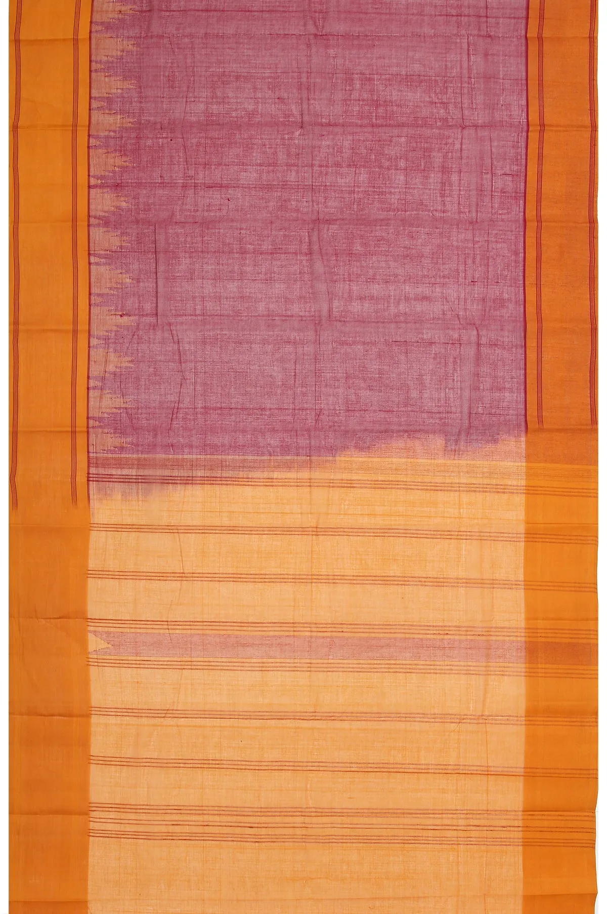 Maroon Kanchi Cotton Saree with Mustard Self Stripes and Temple Design