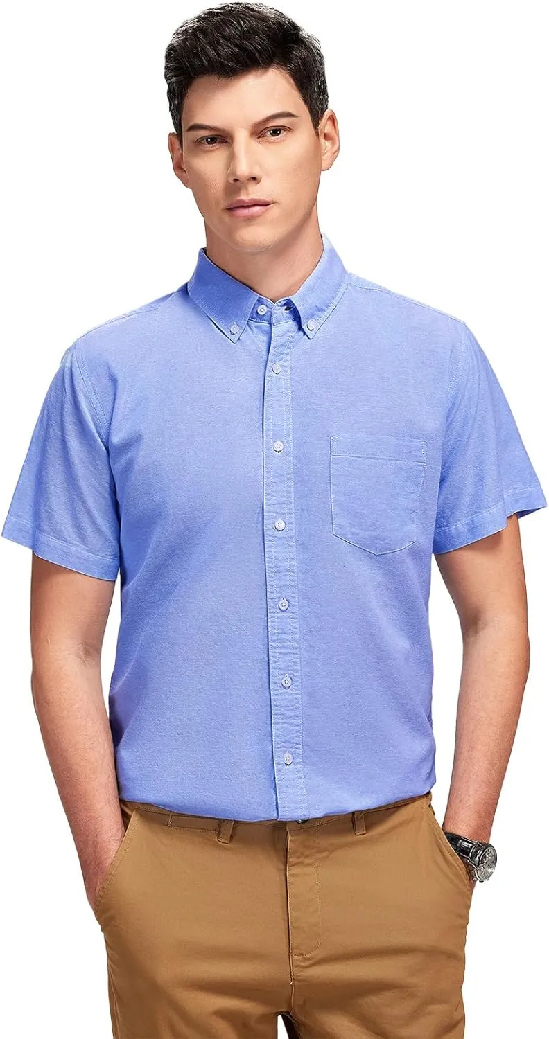 Men's Cotton Oxford Shirt Short Sleeve Button Down Business Casual with Chest Pocket for Gifts