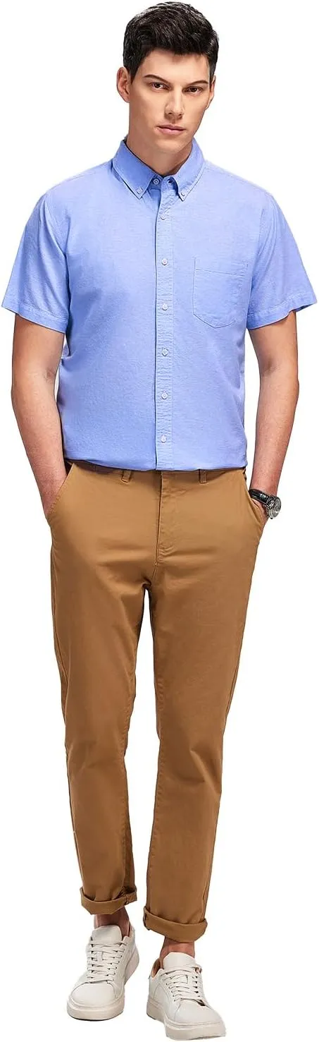 Men's Cotton Oxford Shirt Short Sleeve Button Down Business Casual with Chest Pocket for Gifts
