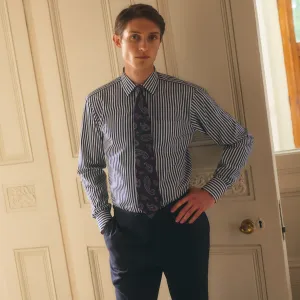 Navy & White Stripe Weekend Fit Shirt with Derby Collar and Single Button Cuffs