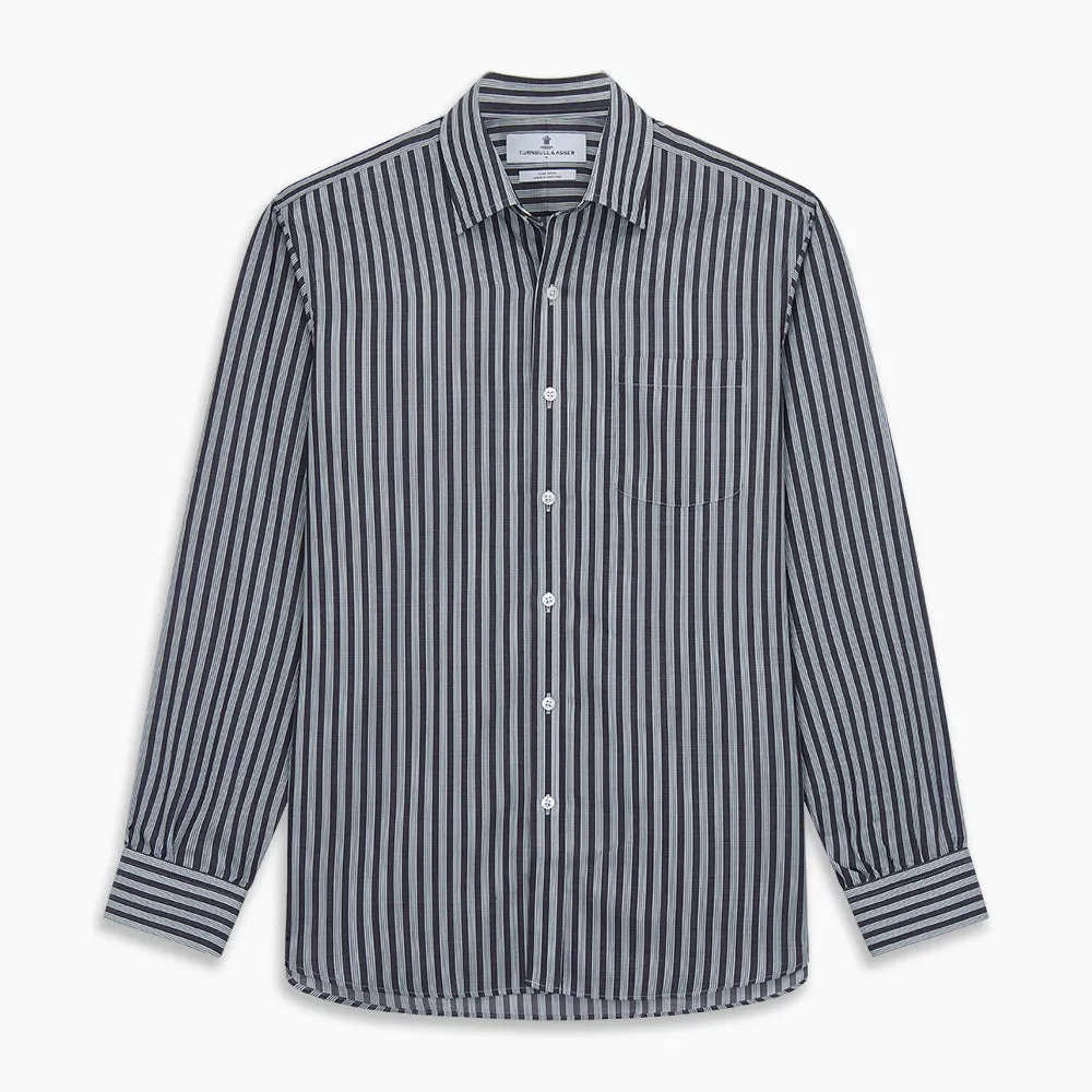 Navy Multi Stripe Weekend Fit Wool Shirt with Derby Collar and 1 Button Cuffs