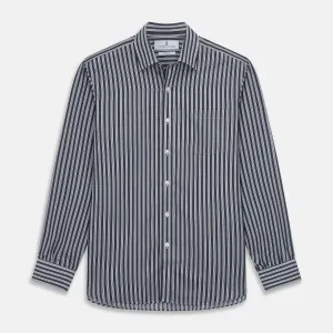 Navy Multi Stripe Weekend Fit Wool Shirt with Derby Collar and 1 Button Cuffs