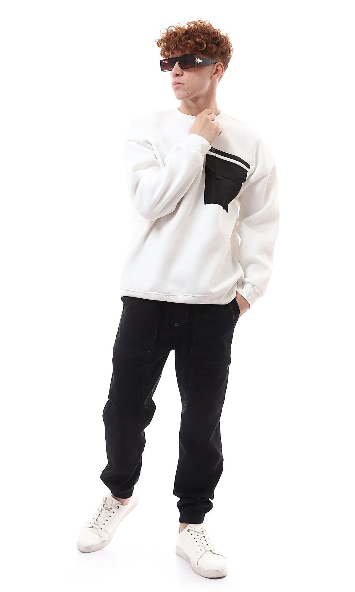 O175659 Crew Neck Long Sleeves White Winter Sweatshirt