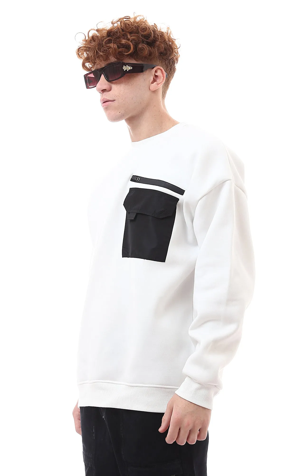 O175659 Crew Neck Long Sleeves White Winter Sweatshirt
