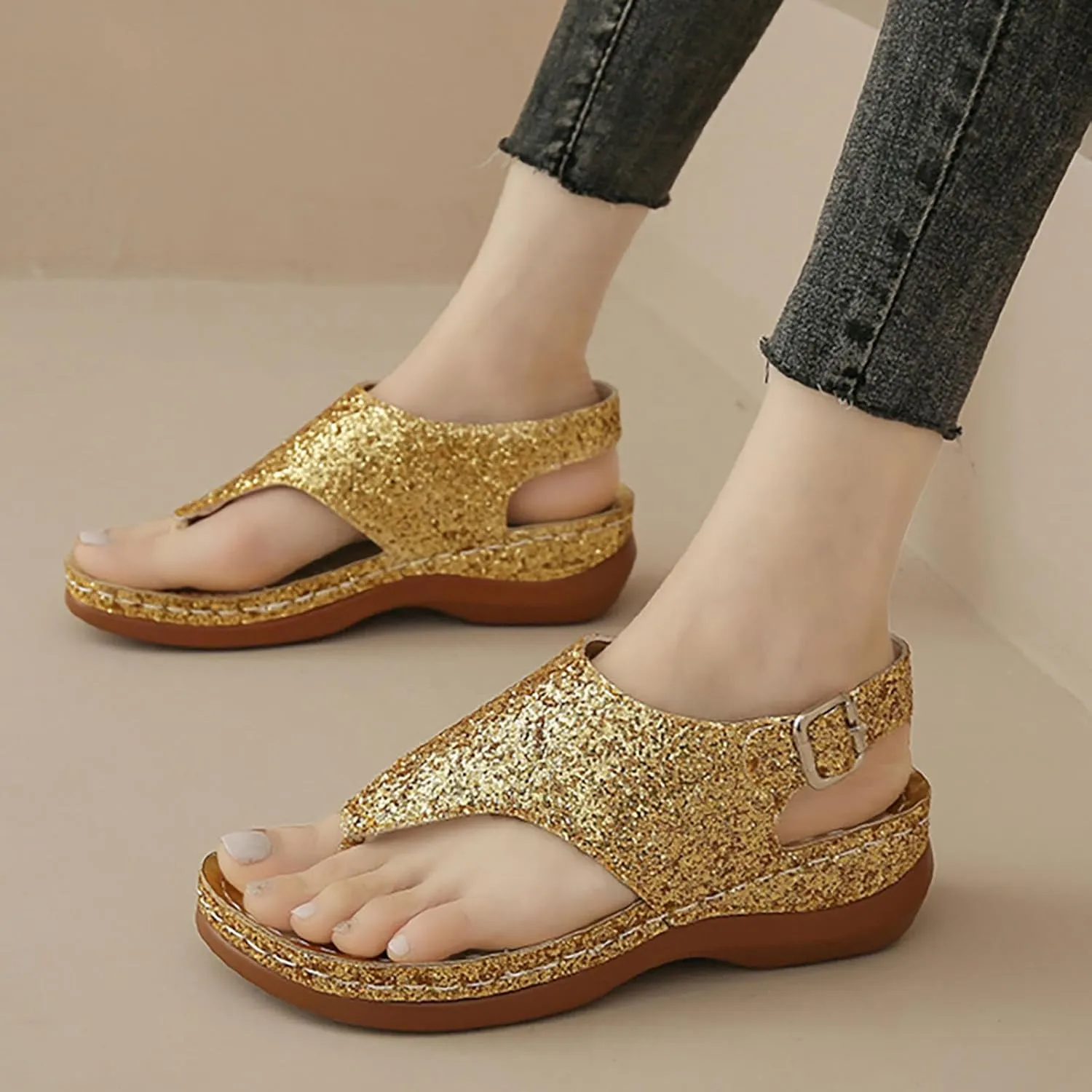 Open Toe Platform Fish Mouth Silver Ankle Strap Summer Dress Shoes Womens Arch Support Orthotic Thong Sandals