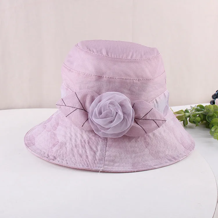 Organza flower print pot hat ladies summer thin breathable sun hat casual foldable