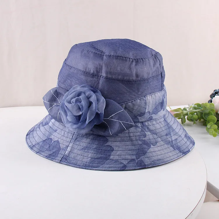 Organza flower print pot hat ladies summer thin breathable sun hat casual foldable
