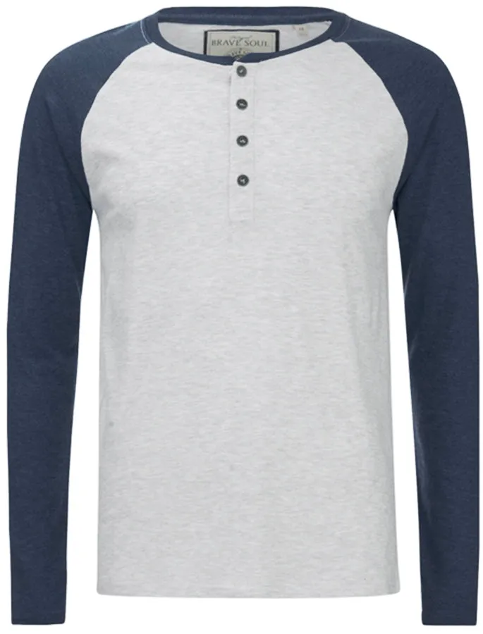Rasmus Henley Long Sleeve Top in Blue / Light Grey Marl
