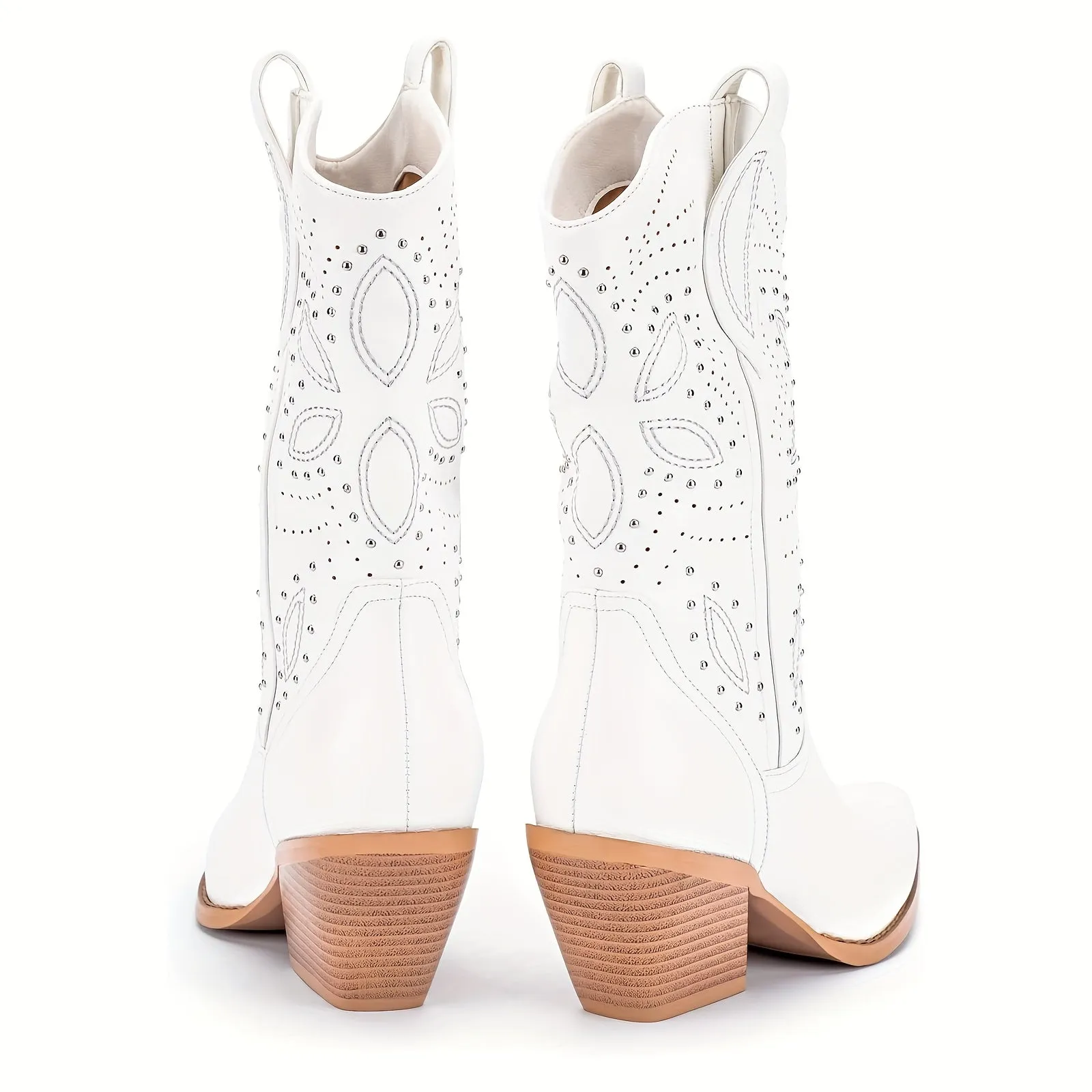 Slip-On Mid-Calf Western Cowgirl Boots with Embroidery & Studded Rivets