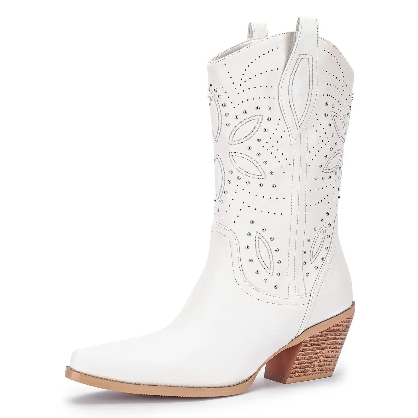 Slip-On Mid-Calf Western Cowgirl Boots with Embroidery & Studded Rivets