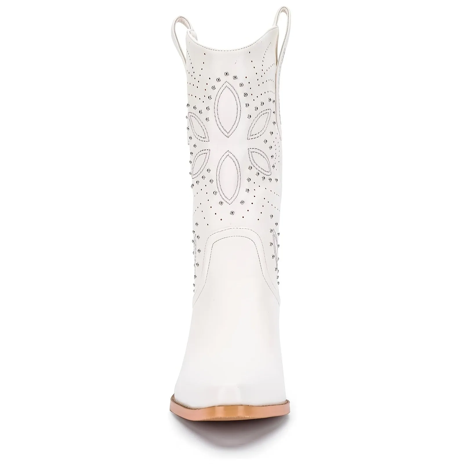 Slip-On Mid-Calf Western Cowgirl Boots with Embroidery & Studded Rivets