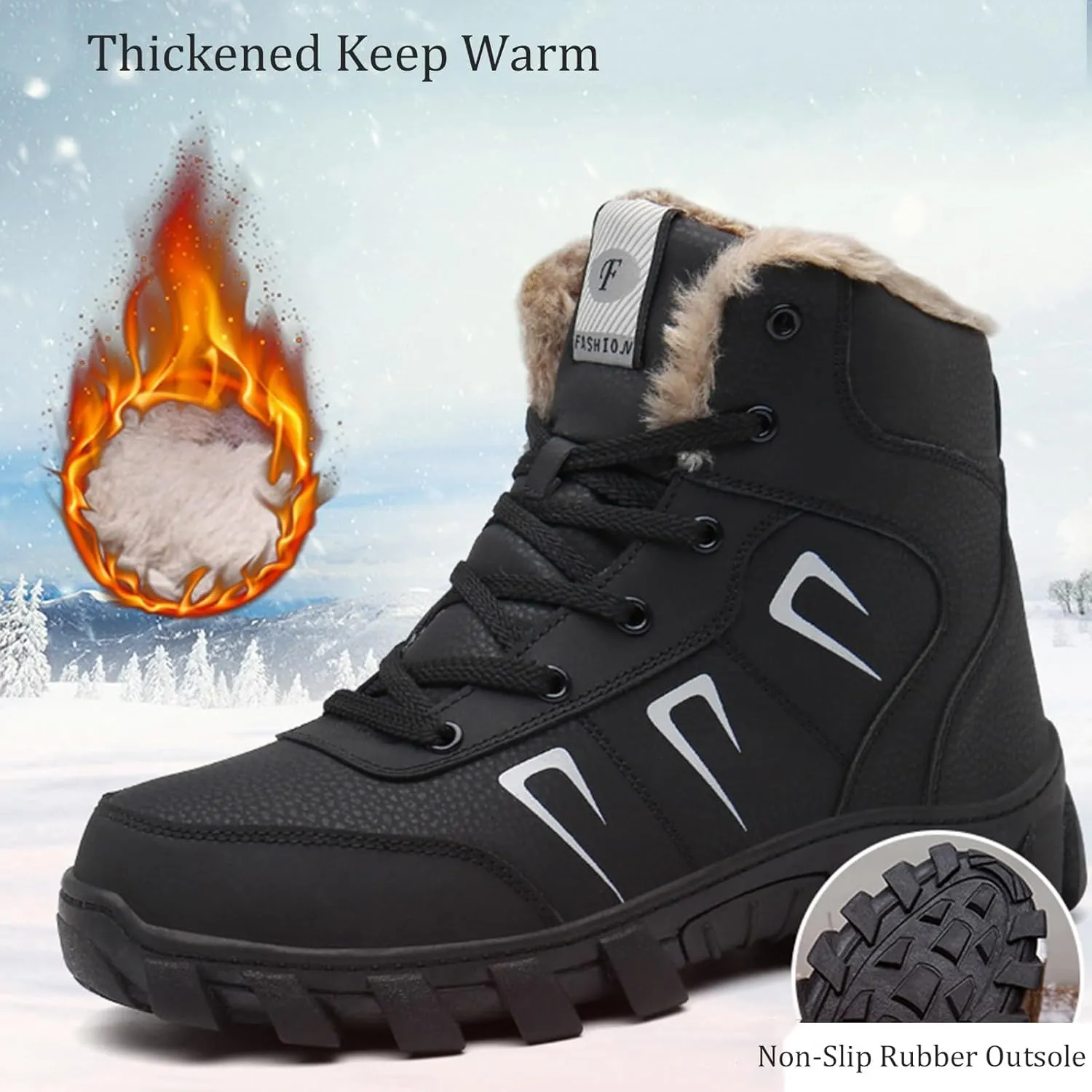 Snow Boots for Men Waterproof,Fashion Lightweight Cold-Weather Warm Winter Boots Men,Keep Warm Hiking Men's Winter Backpacking Snow Boots,Non-Slip Rubber Outsole (Color : Black, Size : 8)