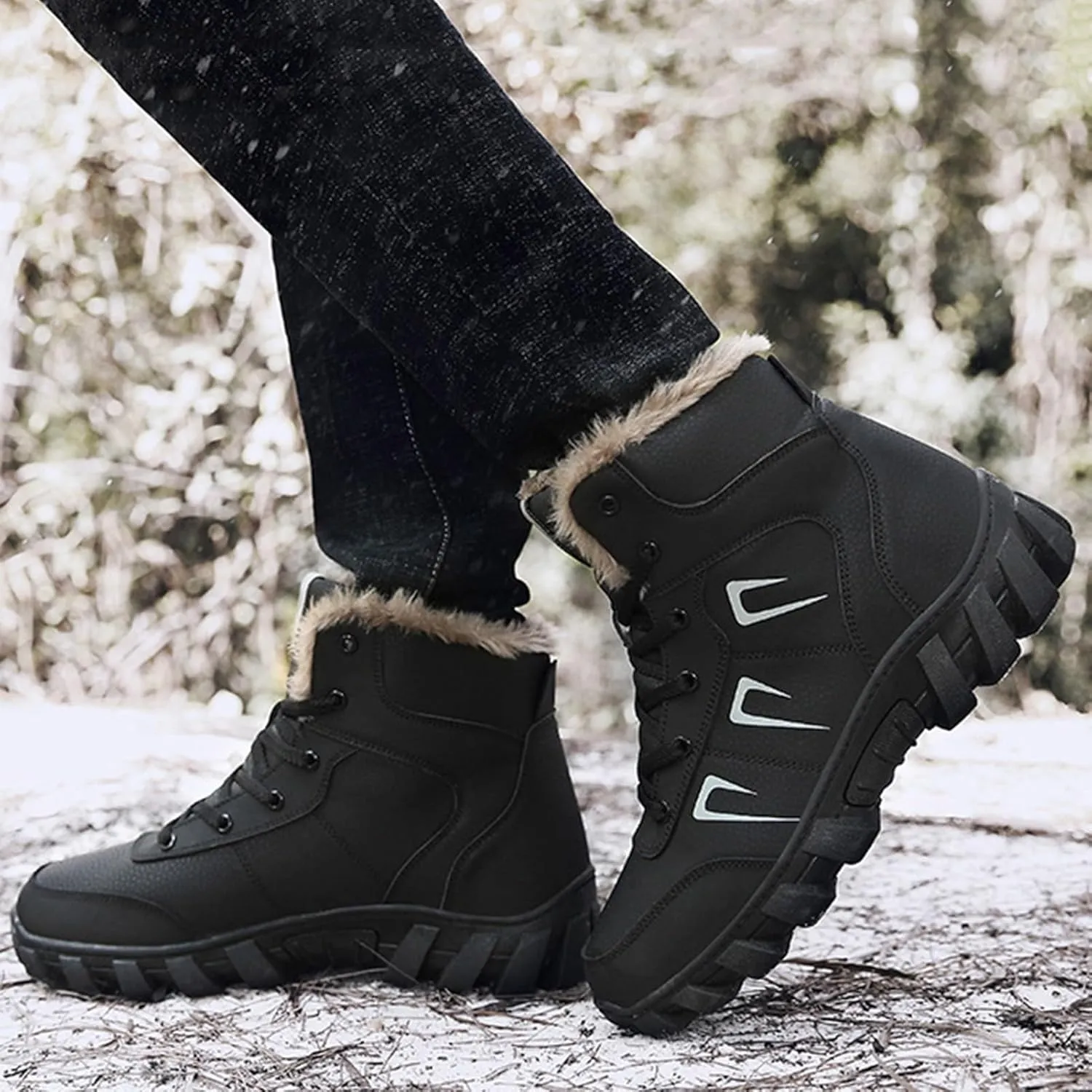Snow Boots for Men Waterproof,Fashion Lightweight Cold-Weather Warm Winter Boots Men,Keep Warm Hiking Men's Winter Backpacking Snow Boots,Non-Slip Rubber Outsole (Color : Black, Size : 8)