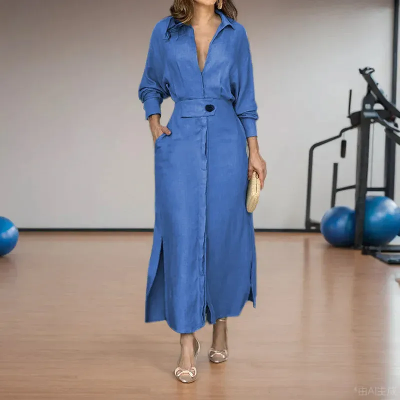 Veronika - Solid Color Cotton and Linen Maxi Dress
