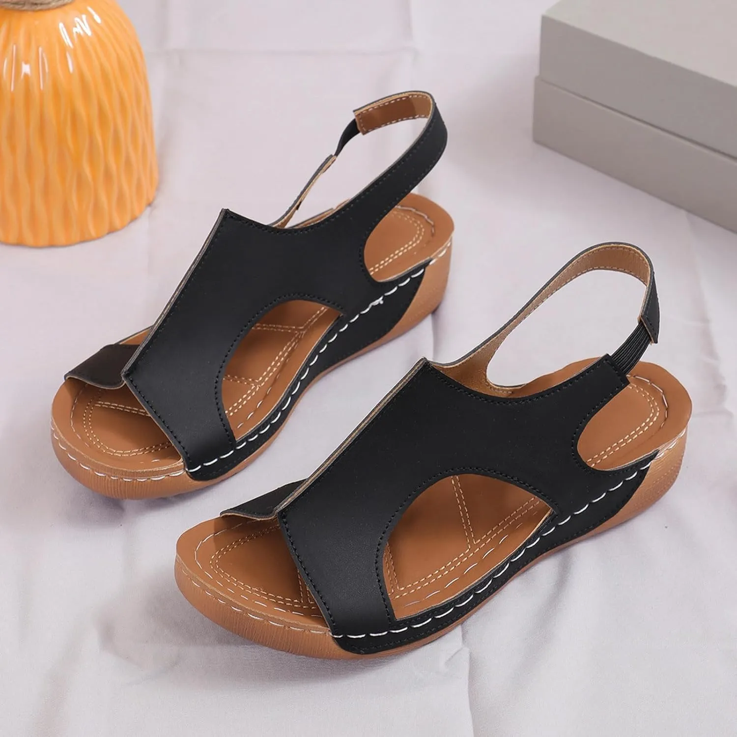 Wedge Sandals for Women Orthopedic Cutout Slippers Open Toe Soft Cushion Beach Outdoor Walking Shoes with Ankle Strap