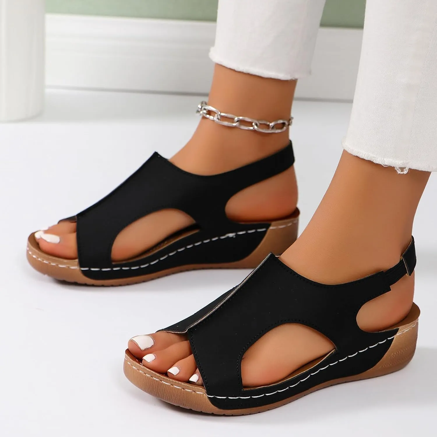 Wedge Sandals for Women Orthopedic Cutout Slippers Open Toe Soft Cushion Beach Outdoor Walking Shoes with Ankle Strap