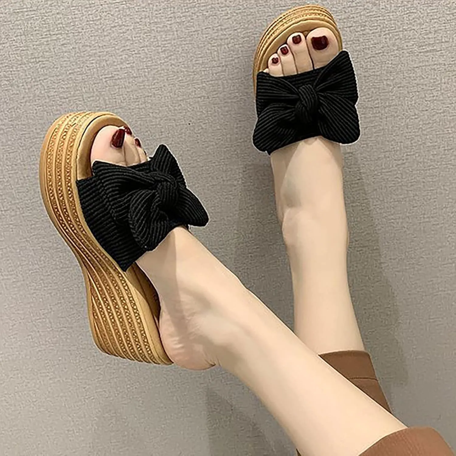 Women's Bowknot Embellished Wedge Slipper Thick Solid Open Toe Sandal Slip on High Heel Heighten Trendy Casual Slide