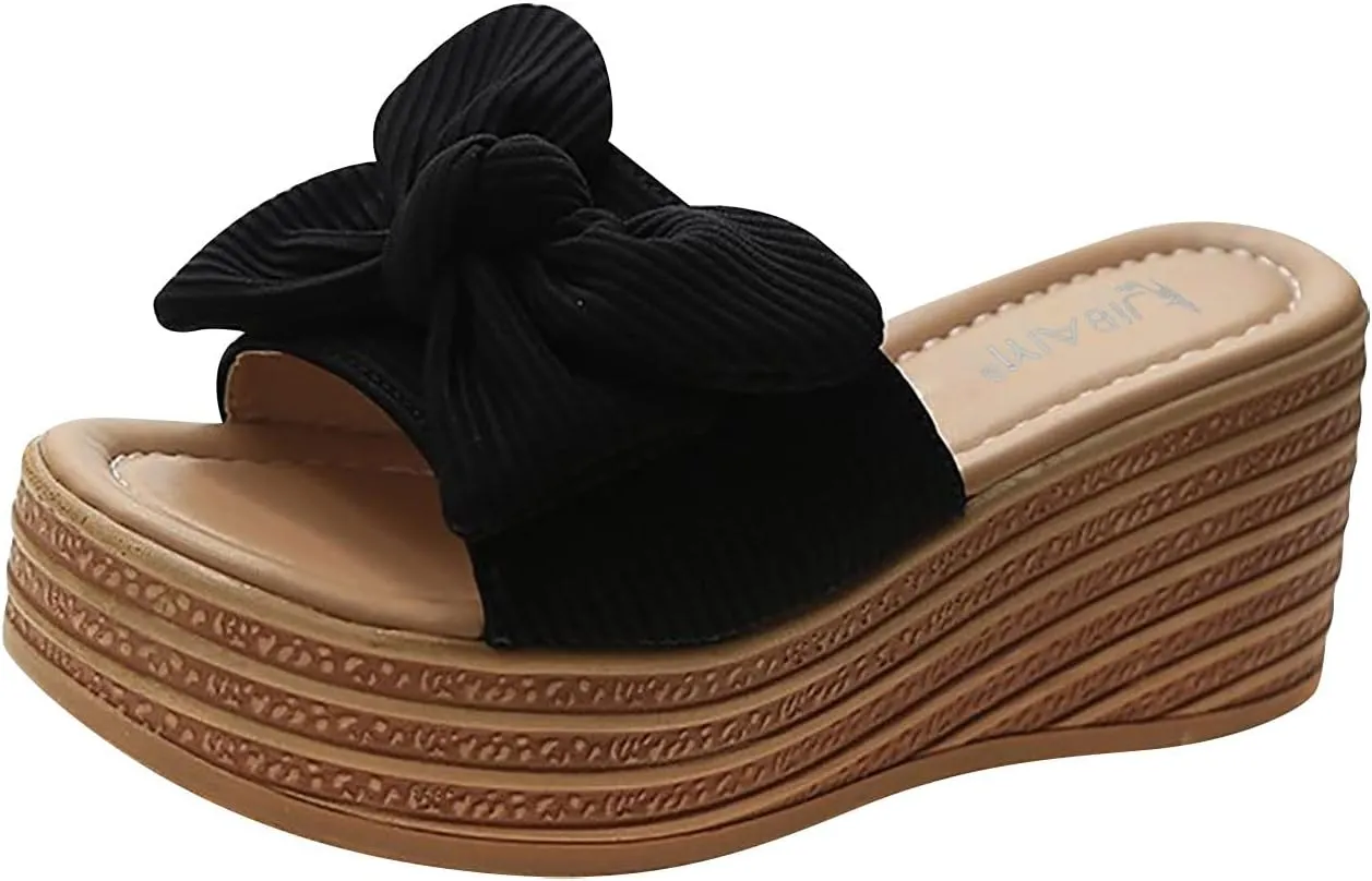 Women's Bowknot Embellished Wedge Slipper Thick Solid Open Toe Sandal Slip on High Heel Heighten Trendy Casual Slide