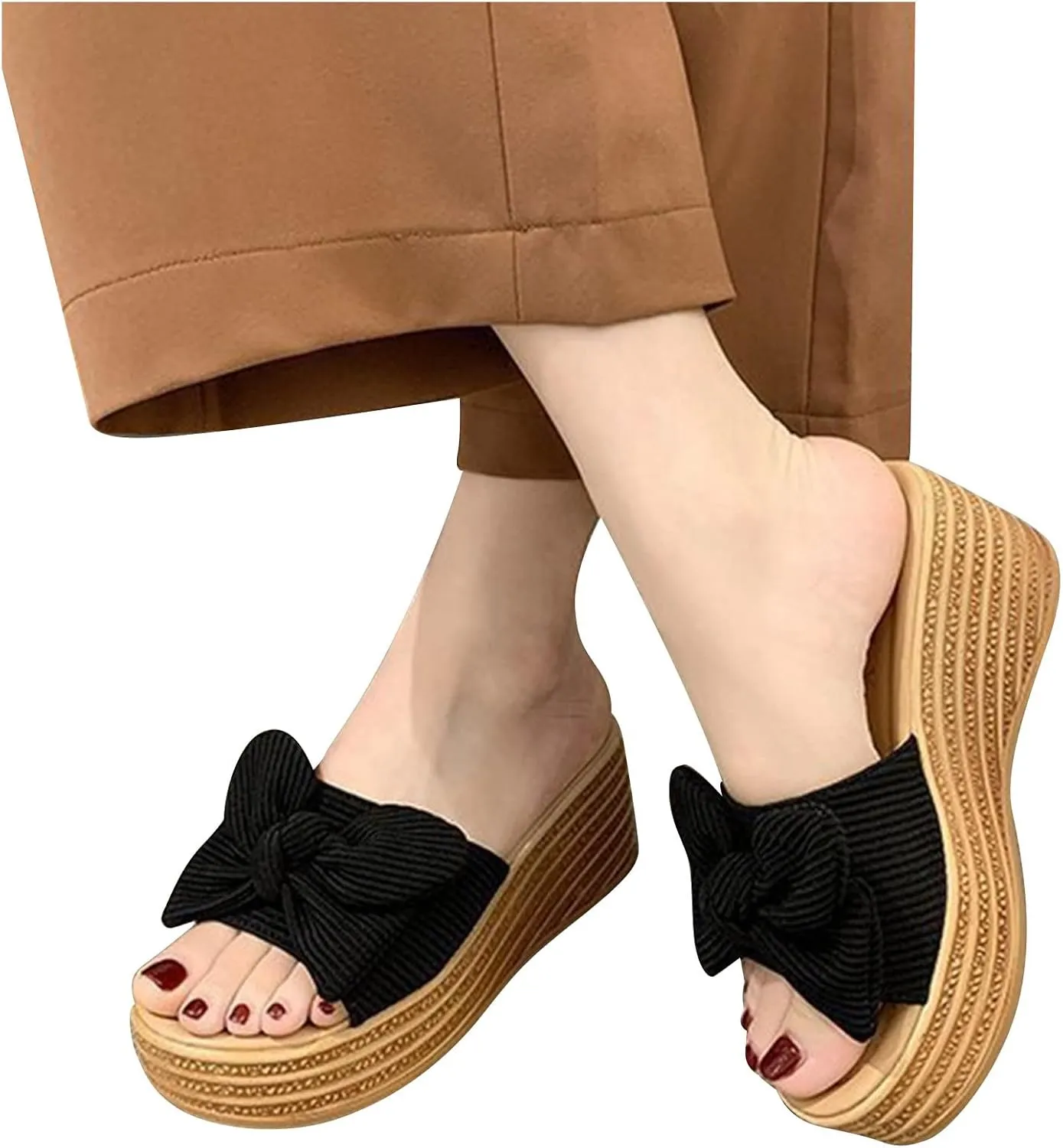 Women's Bowknot Embellished Wedge Slipper Thick Solid Open Toe Sandal Slip on High Heel Heighten Trendy Casual Slide