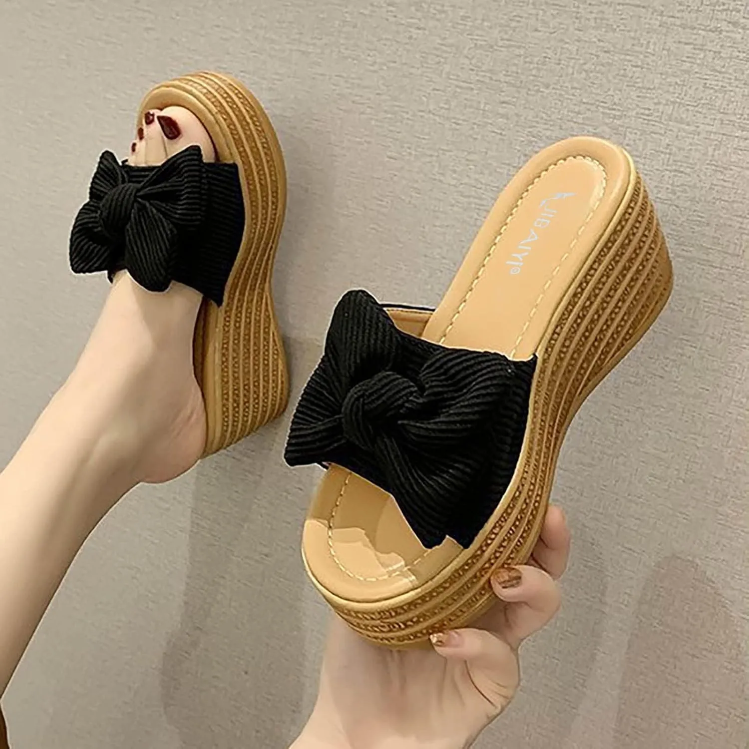 Women's Bowknot Embellished Wedge Slipper Thick Solid Open Toe Sandal Slip on High Heel Heighten Trendy Casual Slide