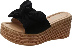 Women's Bowknot Embellished Wedge Slipper Thick Solid Open Toe Sandal Slip on High Heel Heighten Trendy Casual Slide