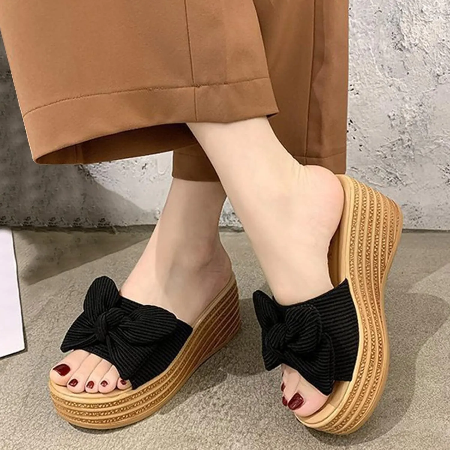 Women's Bowknot Embellished Wedge Slipper Thick Solid Open Toe Sandal Slip on High Heel Heighten Trendy Casual Slide