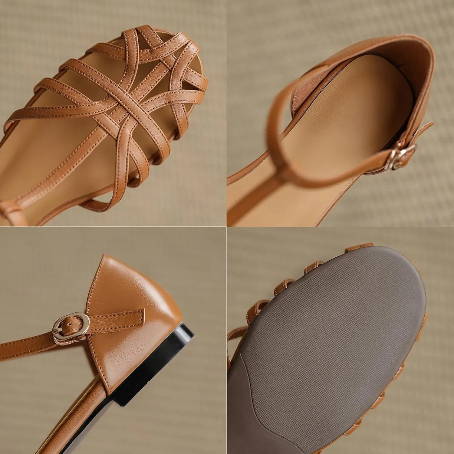 Women's Caged Closed Toe Flat Sandals T Strap Comfortable Adjustable Buckle Hollow Out Roman Sandals Vintage Casual Beach Sandals