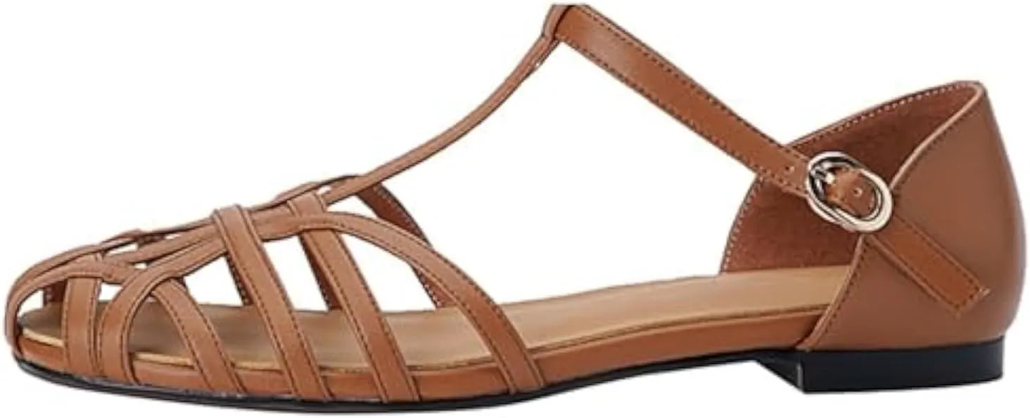Women's Caged Closed Toe Flat Sandals T Strap Comfortable Adjustable Buckle Hollow Out Roman Sandals Vintage Casual Beach Sandals