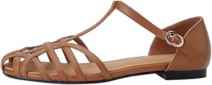 Women's Caged Closed Toe Flat Sandals T Strap Comfortable Adjustable Buckle Hollow Out Roman Sandals Vintage Casual Beach Sandals