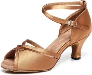 Women's Stylish Peep Toe Satin Ballroom Tango Party Wedding Prom Professional Dance Shoes Bronze US 5.5